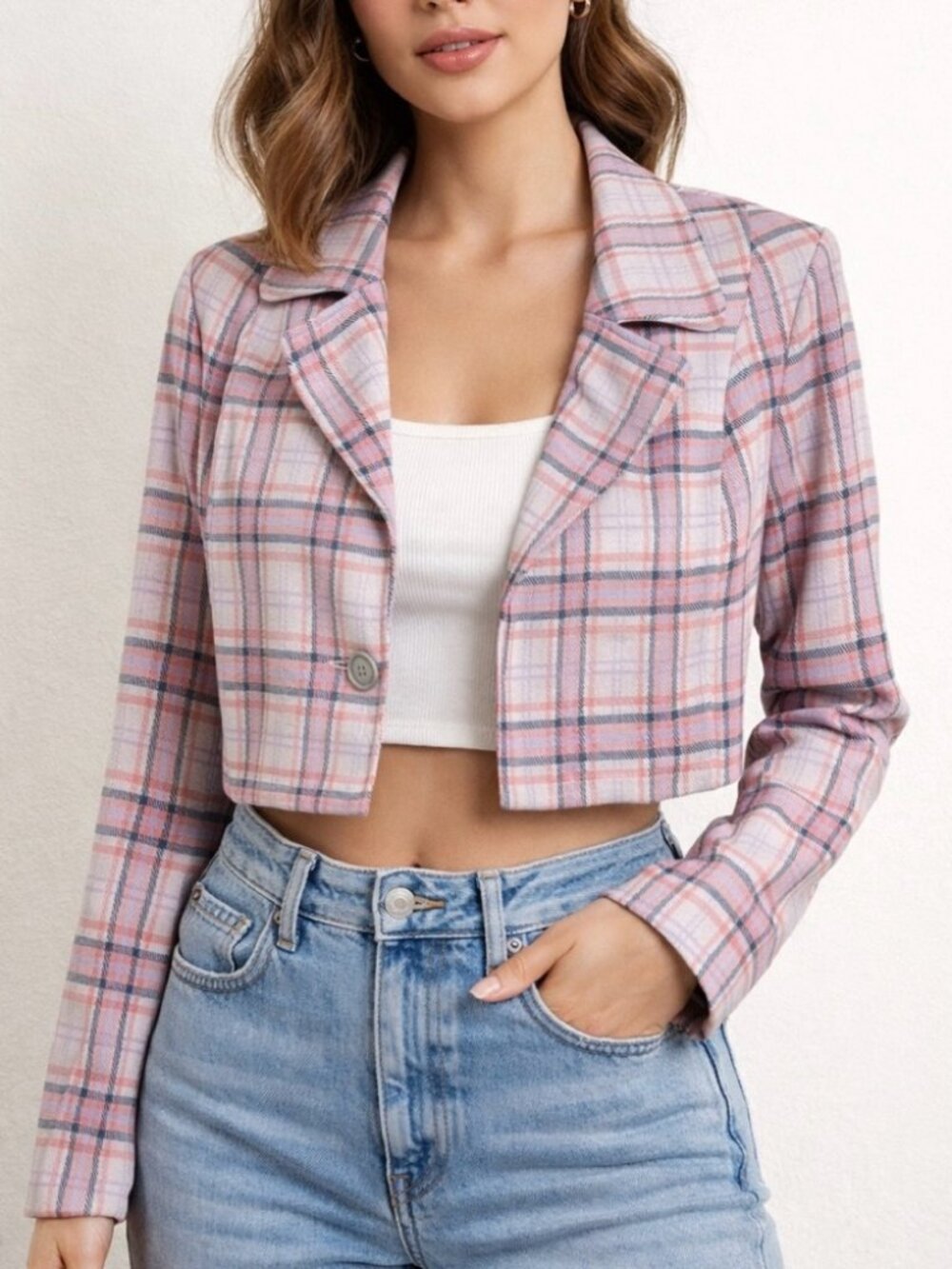 cAbi Pink and Cream Plaid Cropped Blazer  6257